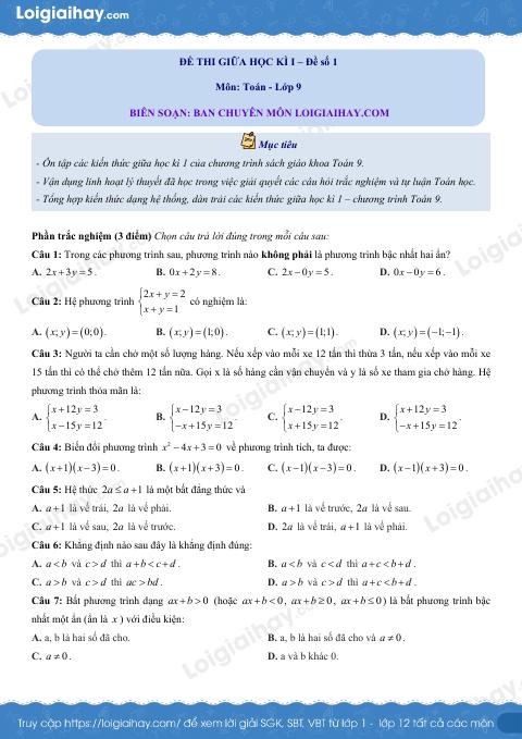Đề thi giữa kì 1 Toán 9 - Đề số 1